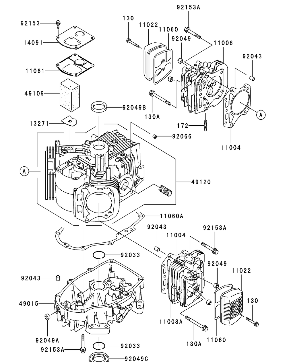 Kawasaki Fh580v-As05 Cylinder And Crankcase Diagram and Parts List for ENFORCER44 53BI3AGF050-19HP Cub Cadet Lawn Tractor